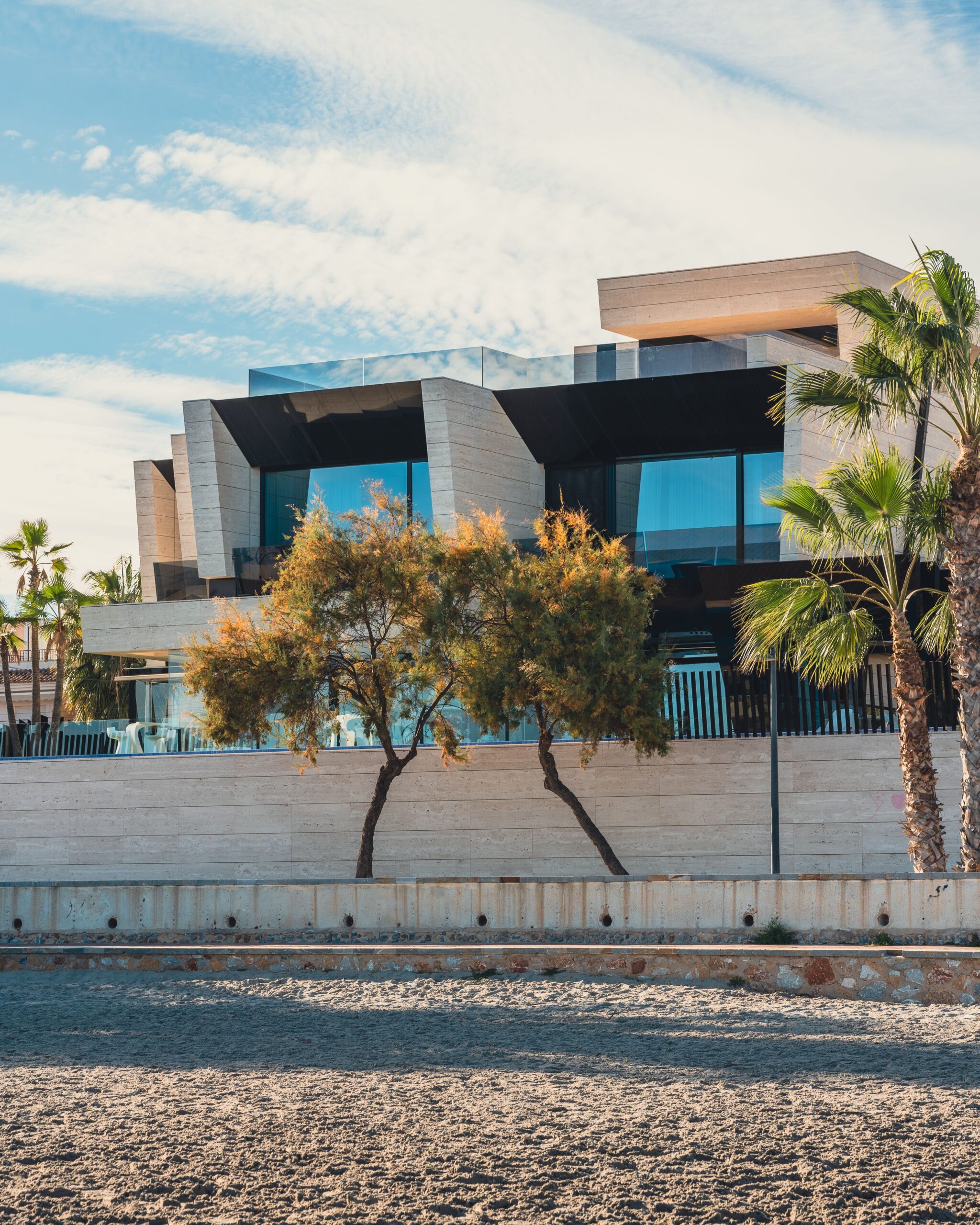 Modern architecture meets nature with palm trees under summer sky.