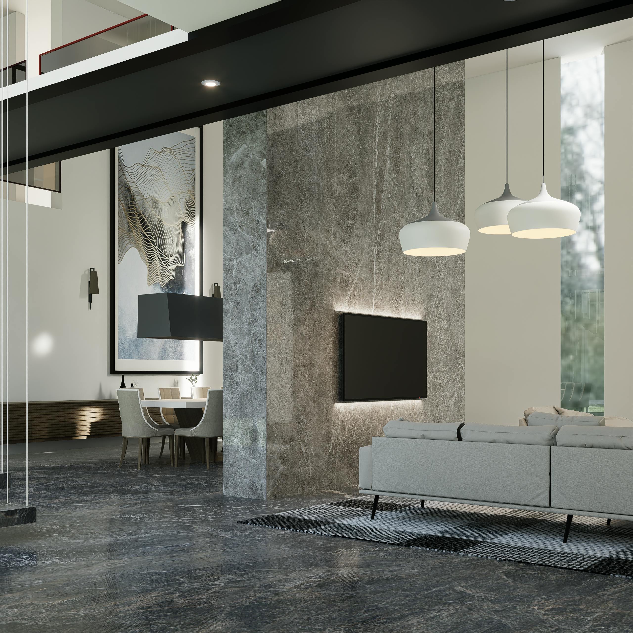 A sleek modern living room with marble features, stylish lighting, and minimalistic decor for elegant interiors.